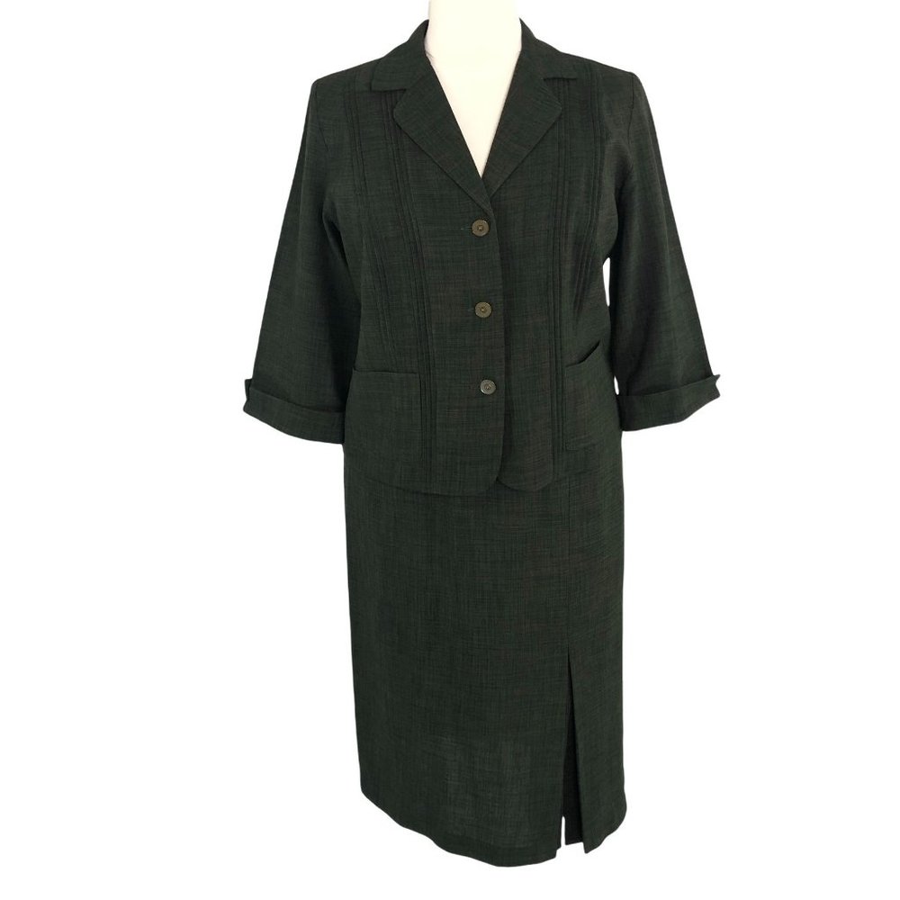 Danny & Nicole Career Midi Skirt Suit V Neck Size 16W Green Vintage Not Lined